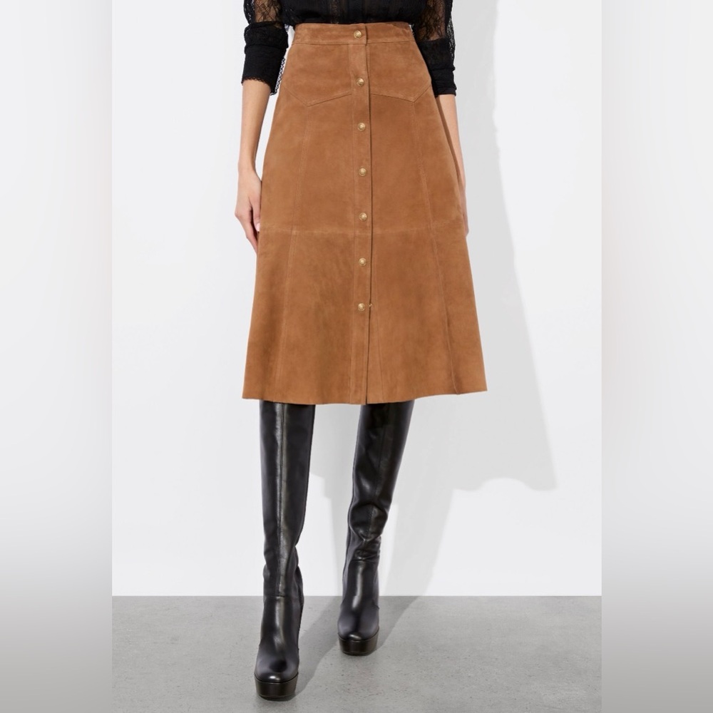 Alice + Olivia Calica Suede Camel Skirt Button-Front A-Line Lambskin - Picture 2 of 9